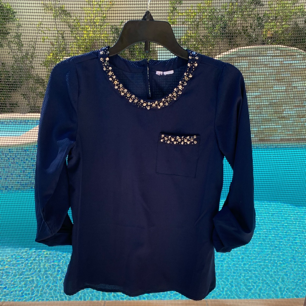 Navy Blue Long Sleeve Classy Blouse